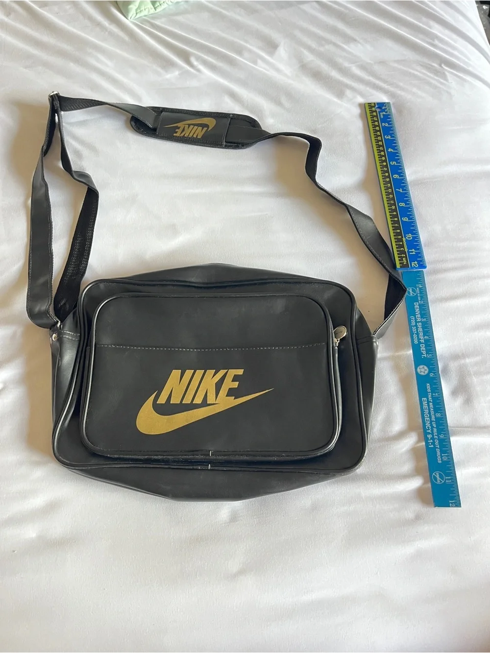 Nike Vintage Style Faux Leather Messenger Bag Black & Gold Crossbody Shoulder